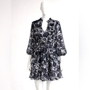 ✨ O.P.T. Black & Gray Floral Mini Dress | Smocked Waist | Size M ✨